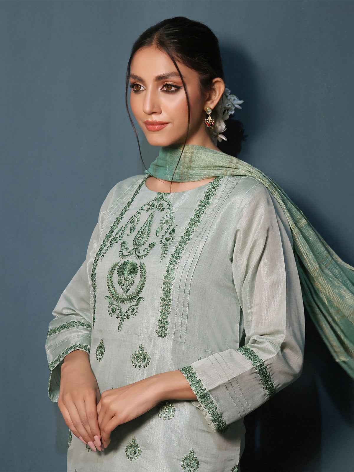 2Pc Embroidered Pret Shirt Dupatta Masoori Green - OWE2P-2211009