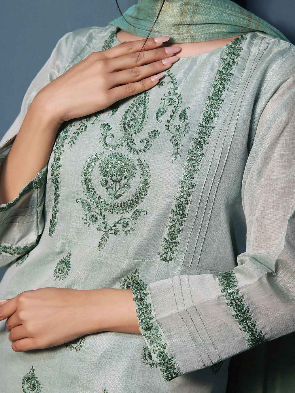 2Pc Embroidered Pret Shirt Dupatta Masoori Green - OWE2P-2211009