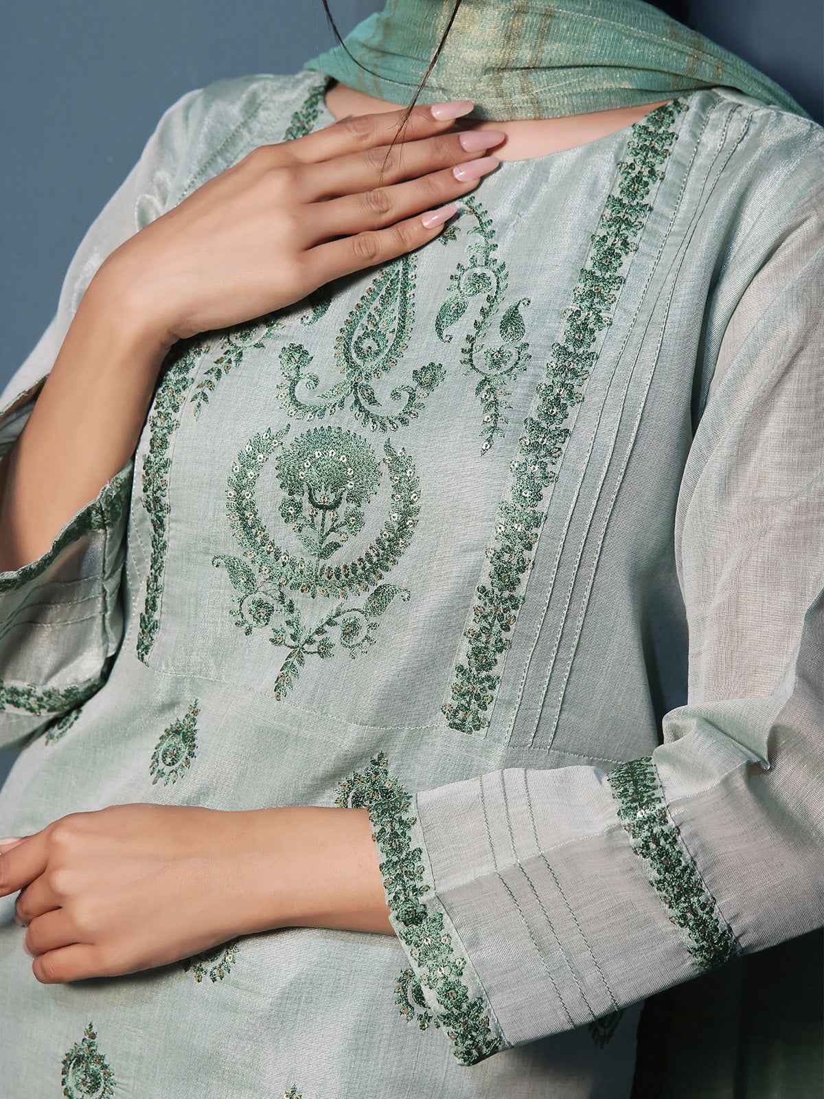 2Pc Embroidered Pret Shirt Dupatta Masoori Green - OWE2P-2211009