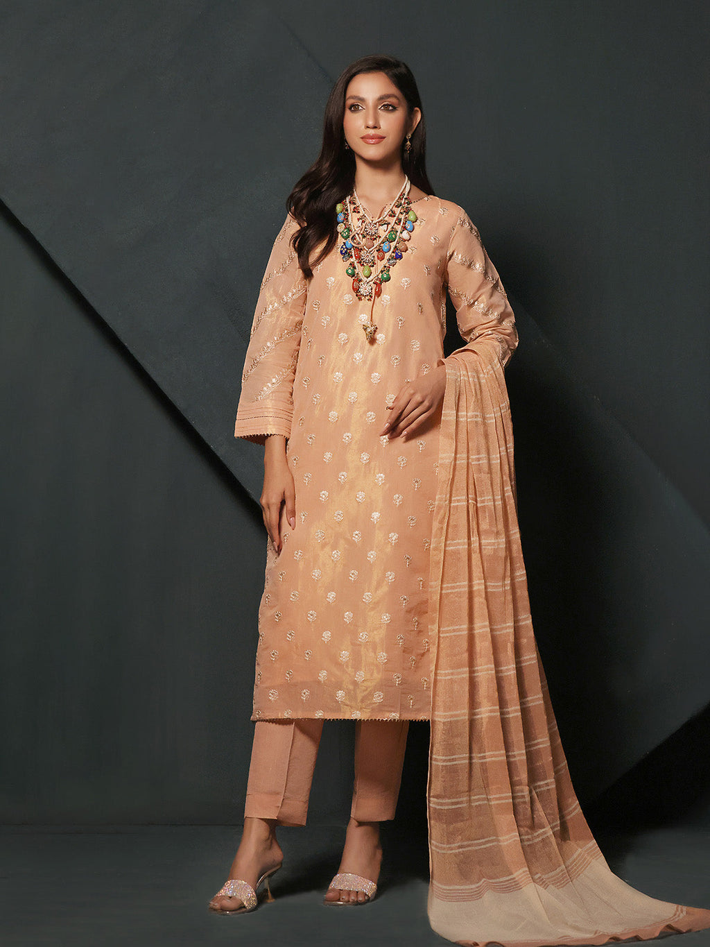 2Pc Embroidered Pret Shirt Dupatta Masoori Peach - OWE2P-2211010
