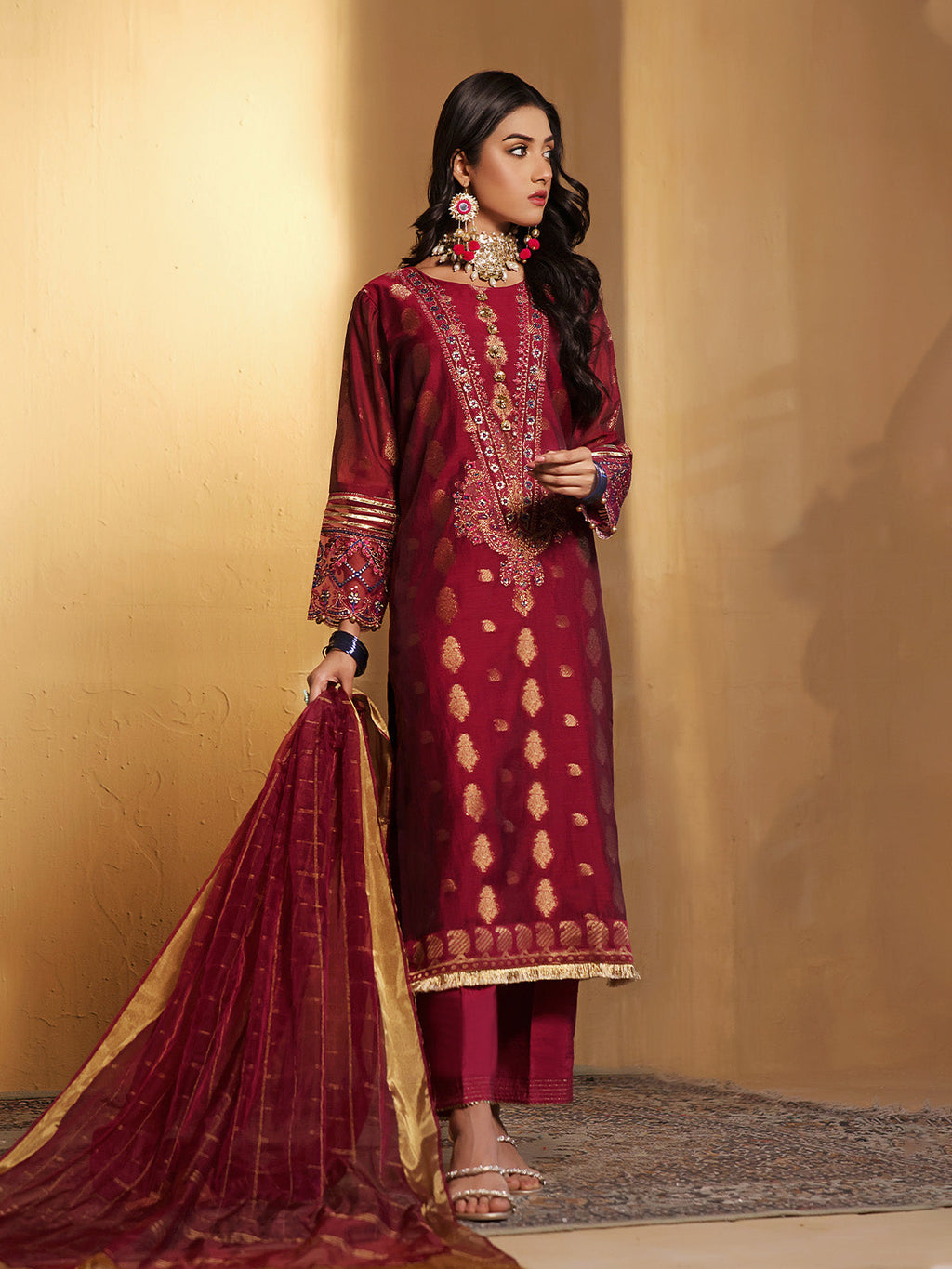 2Pc Embroidered Pret Shirt Dupatta Jacquard Magenta - OWE2P-2303004