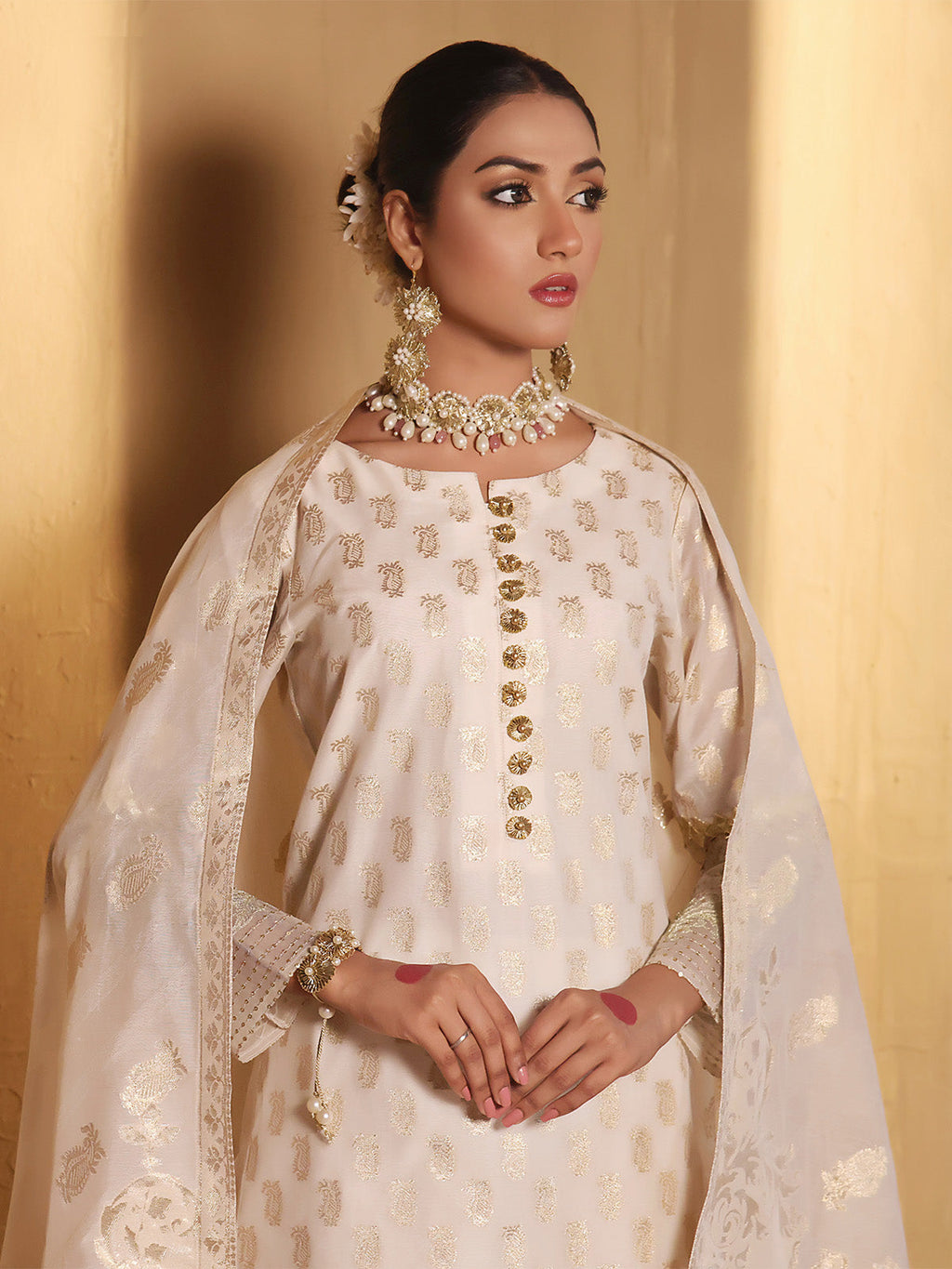 3Pc Embroidered Suit Pret Jacquard Cream - OWE3P-2303001