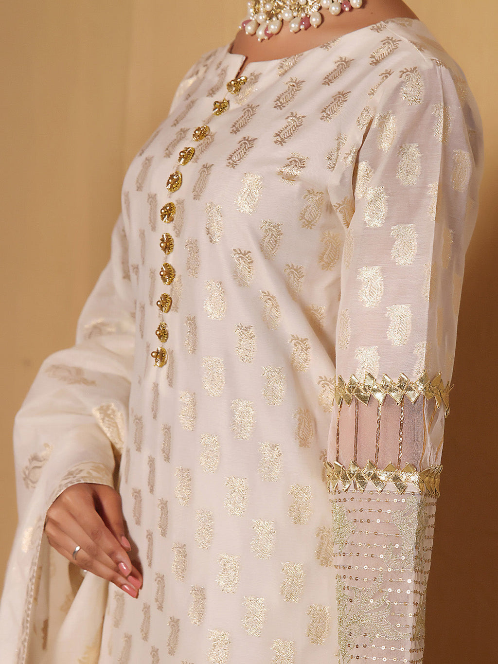 3Pc Embroidered Suit Pret Jacquard Cream - OWE3P-2303001