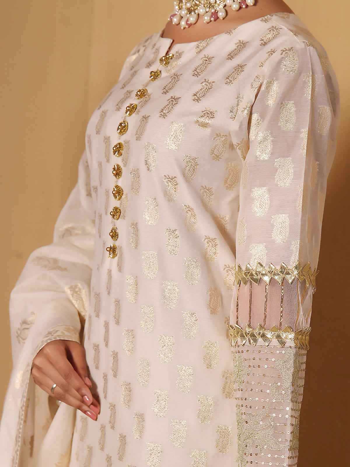 3Pc Embroidered Suit Pret Jacquard Cream - OWE3P-2303001