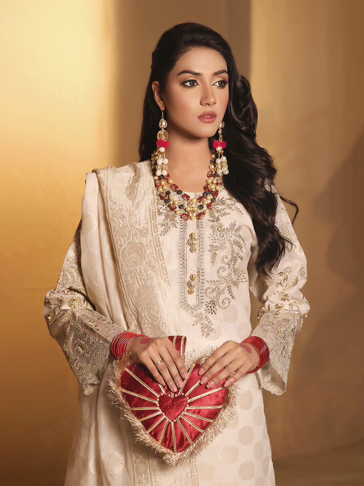 3Pc Embroidered Suit Pret Jacquard Cream - OWE3P-2303002
