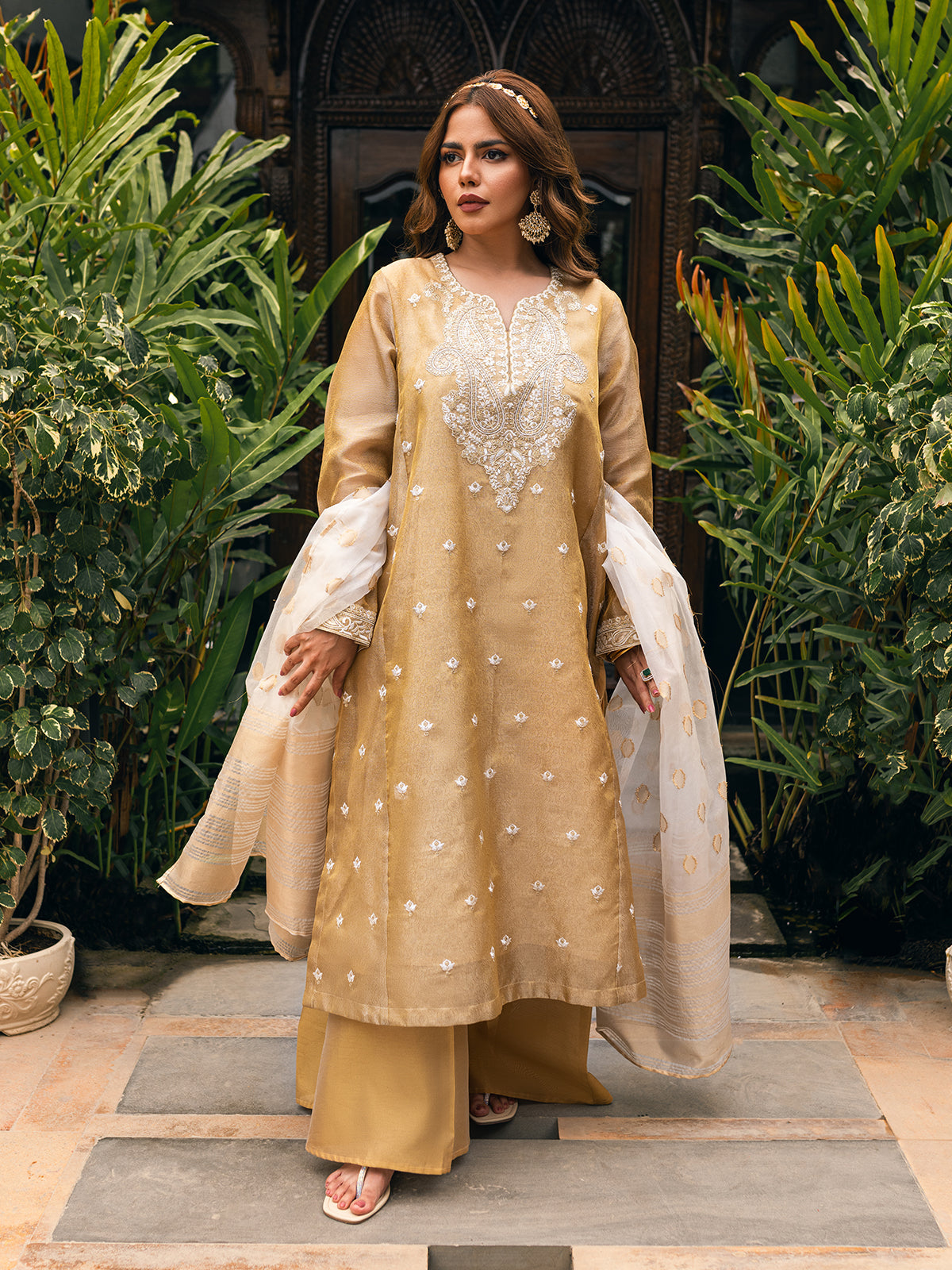 2Pc Embroidered Pret Shirt Dupatta Zari Golden - OWE2P-2303027