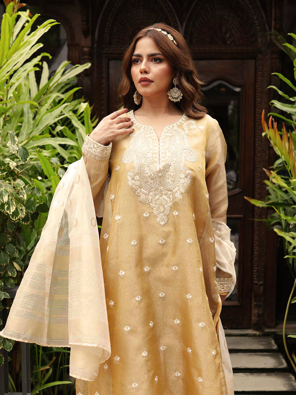 2Pc Embroidered Pret Shirt Dupatta Zari Golden - OWE2P-2303027