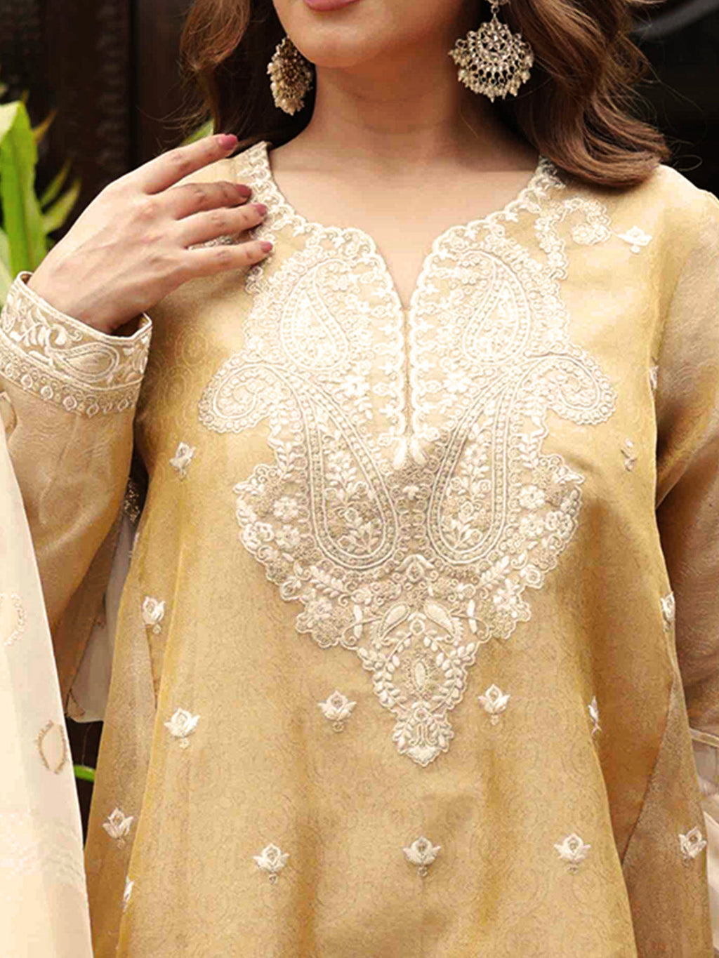 2Pc Embroidered Pret Shirt Dupatta Zari Golden - OWE2P-2303027