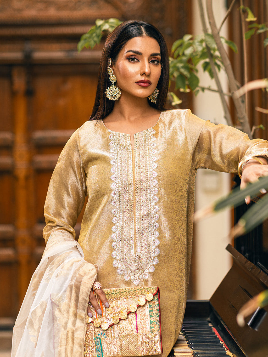 3Pc Embroidered Suit Pret Zari Golden - OWE3P-2303028