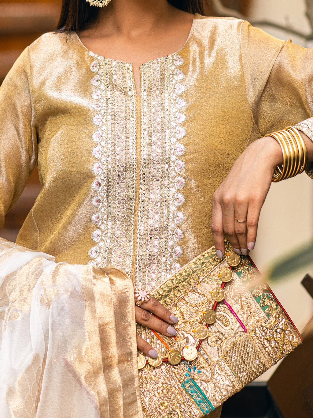 3Pc Embroidered Suit Pret Zari Golden - OWE3P-2303028