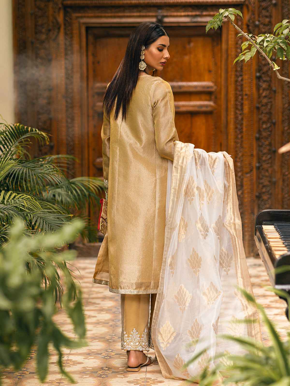2Pc Embroidered Pret Shirt Dupatta Zari Golden - OWE2P-2303028