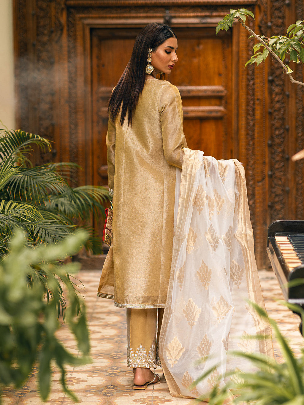 2Pc Embroidered Pret Shirt Dupatta Zari Golden - OWE2P-2303028