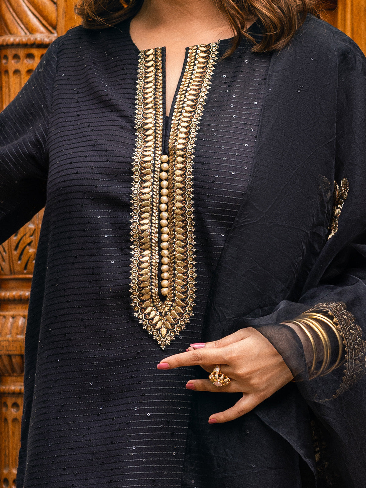 3Pc Embroidered Suit Pret Dobby Black - OWE3P-2303030