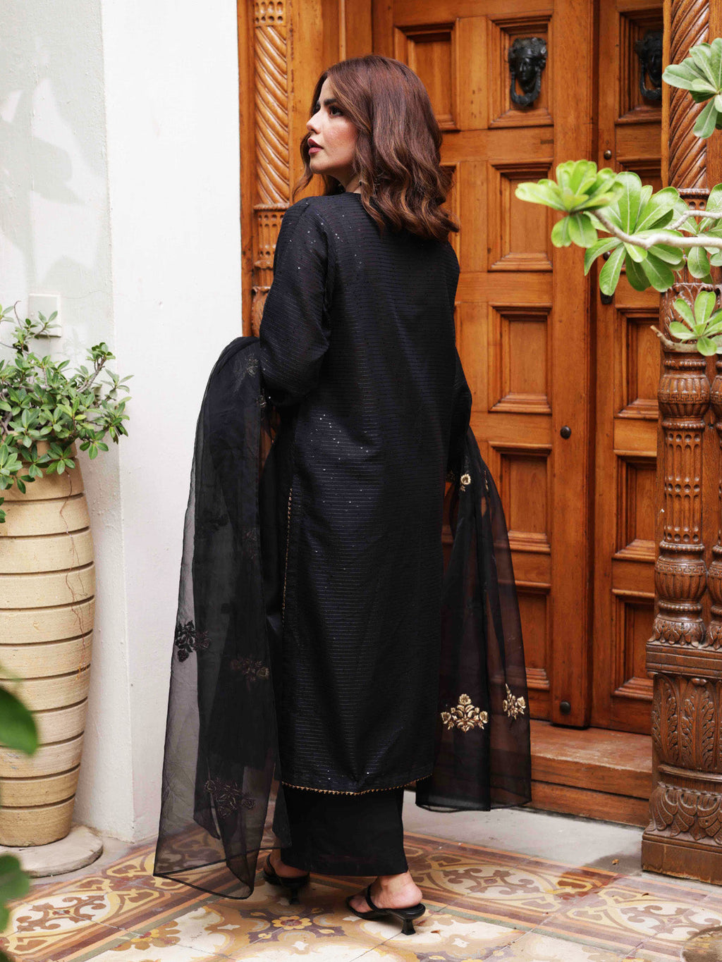 3Pc Embroidered Suit Pret Dobby Black - OWE3P-2303030