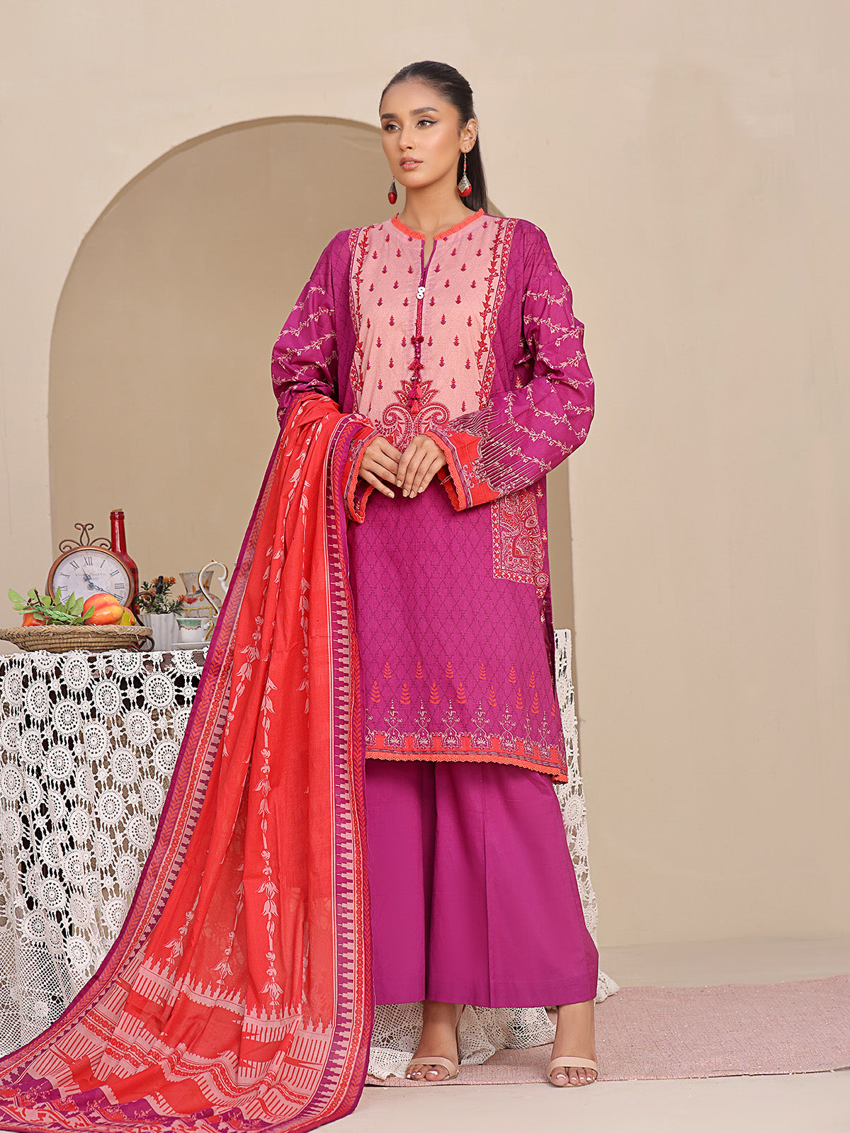 2Pc Printed Pret Shirt Dupatta Lawn Magenta - OW2P-2406003