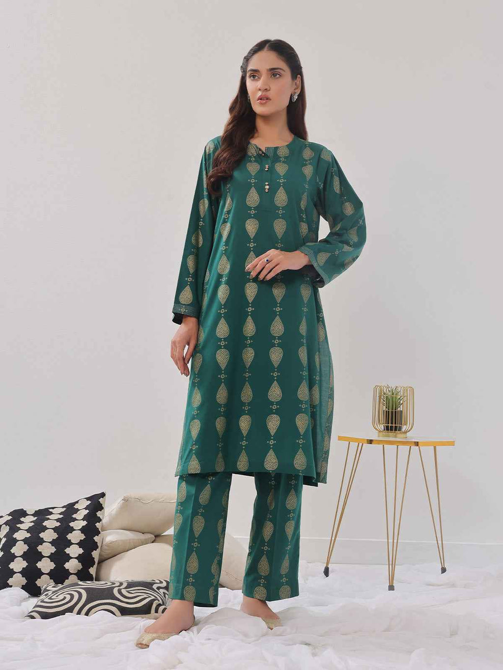 2Pc Printed Pret Shirt Trouser Cambric Green - OW2P-2408012