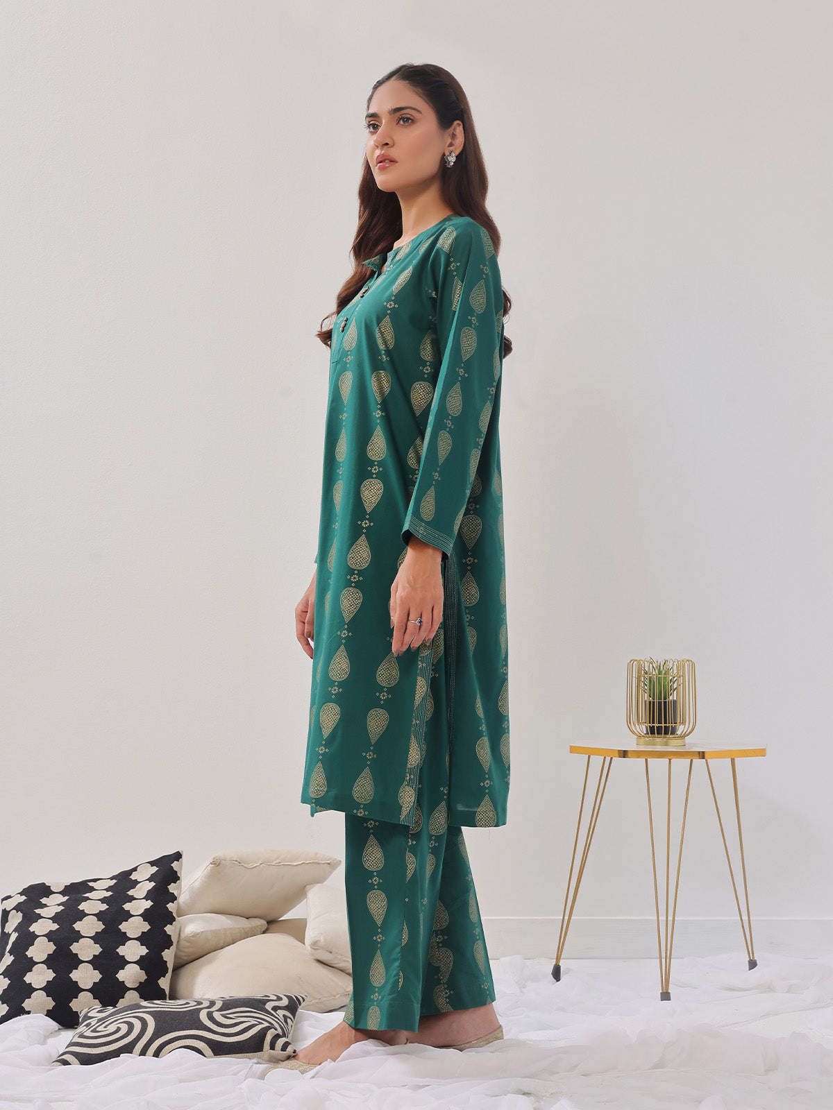 2Pc Printed Pret Shirt Trouser Cambric Green - OW2P-2408012