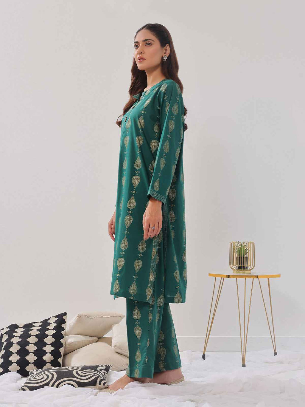 2Pc Printed Pret Shirt Trouser Cambric Green - OW2P-2408012