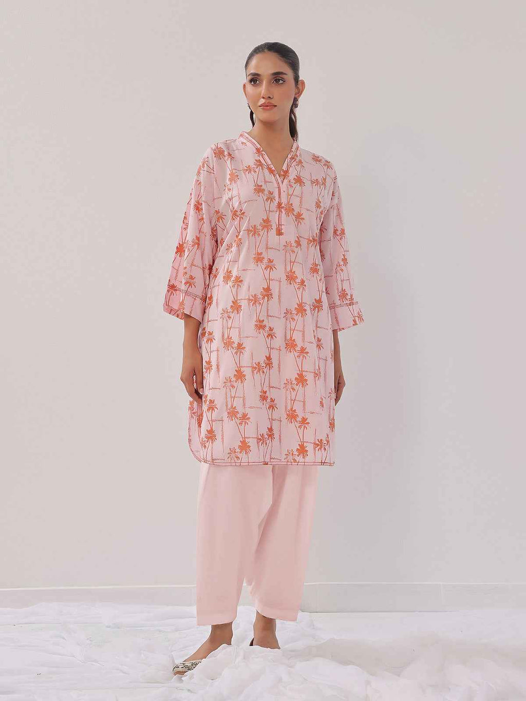 2Pc Printed Pret Shirt Trouser Cambric Pink - OW2P-2408013