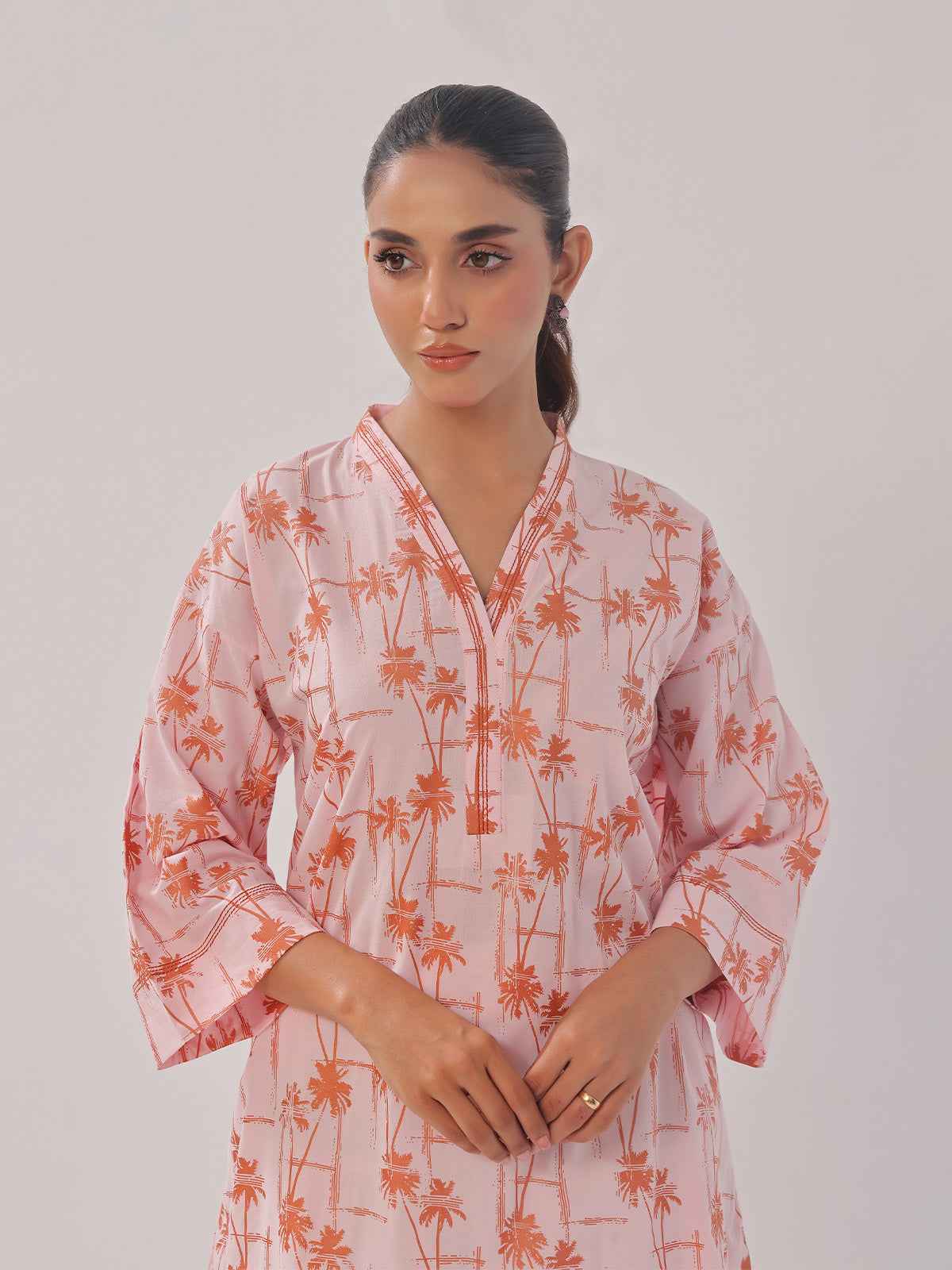 2Pc Printed Pret Shirt Trouser Cambric Pink - OW2P-2408013