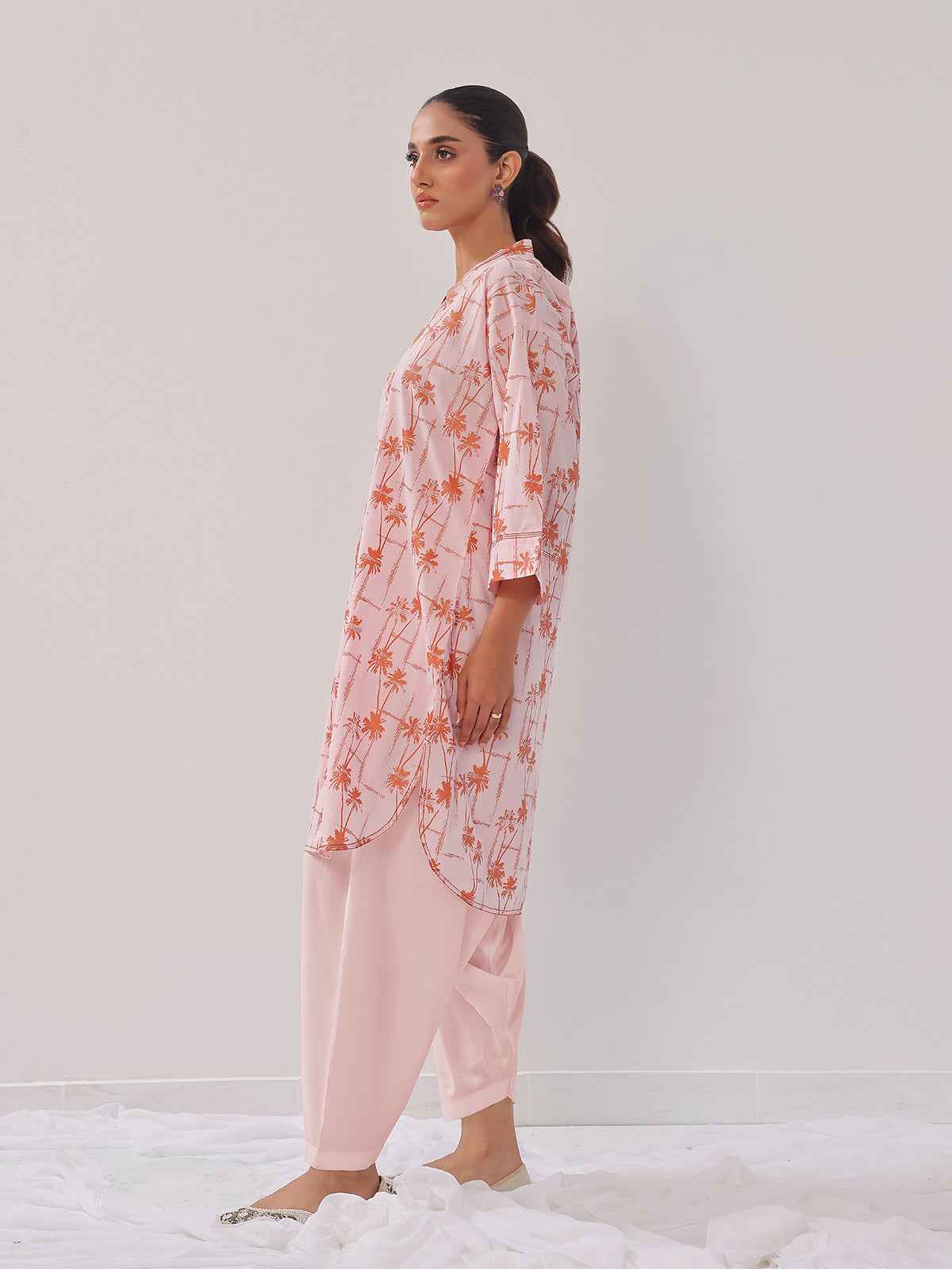2Pc Printed Pret Shirt Trouser Cambric Pink - OW2P-2408013