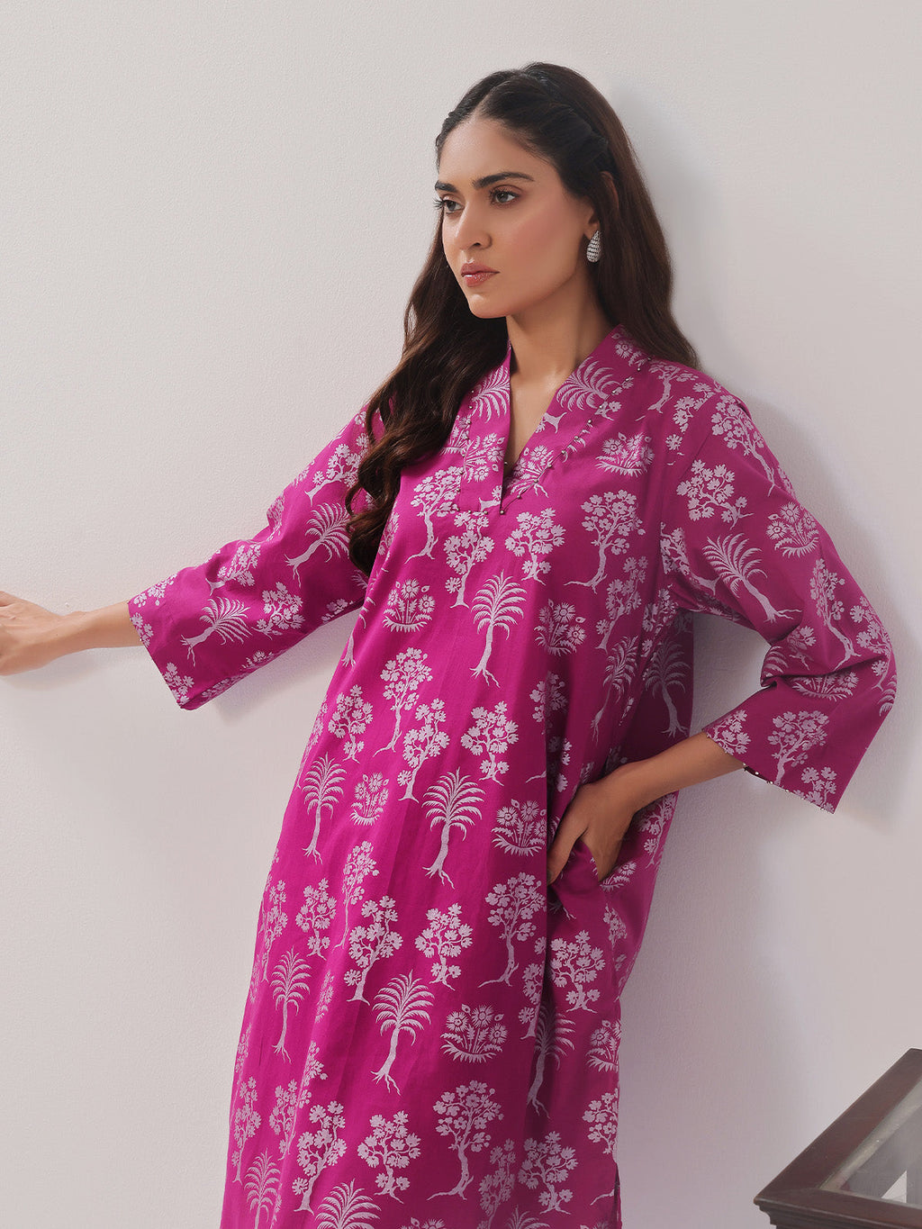 2Pc Printed Pret Shirt Trouser Cambric Magenta - OW2P-2408014