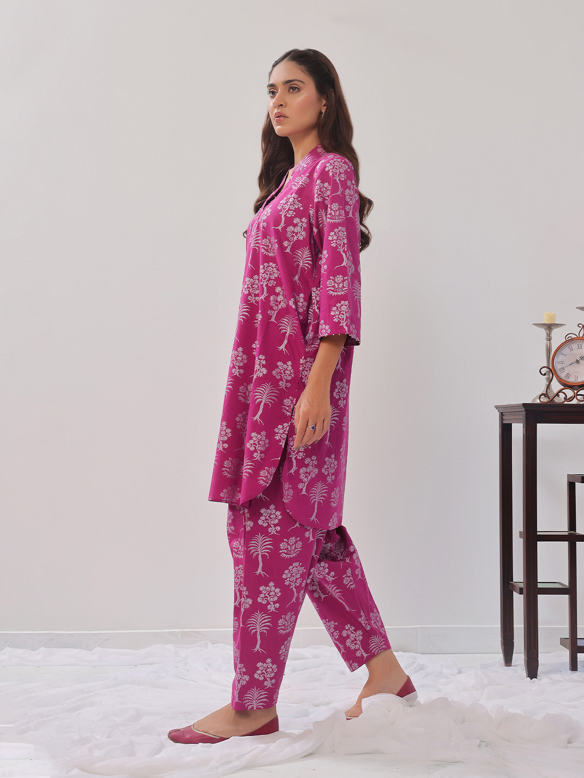 2Pc Printed Pret Shirt Trouser Cambric Magenta - OW2P-2408014