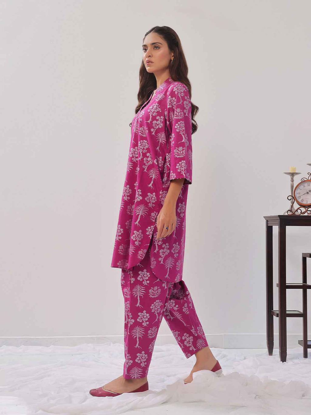 2Pc Printed Pret Shirt Trouser Cambric Magenta - OW2P-2408014