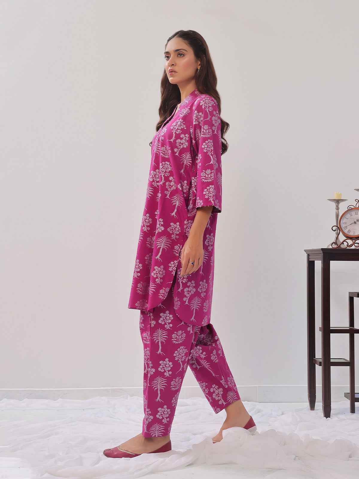2Pc Printed Pret Shirt Trouser Cambric Magenta - OW2P-2408014