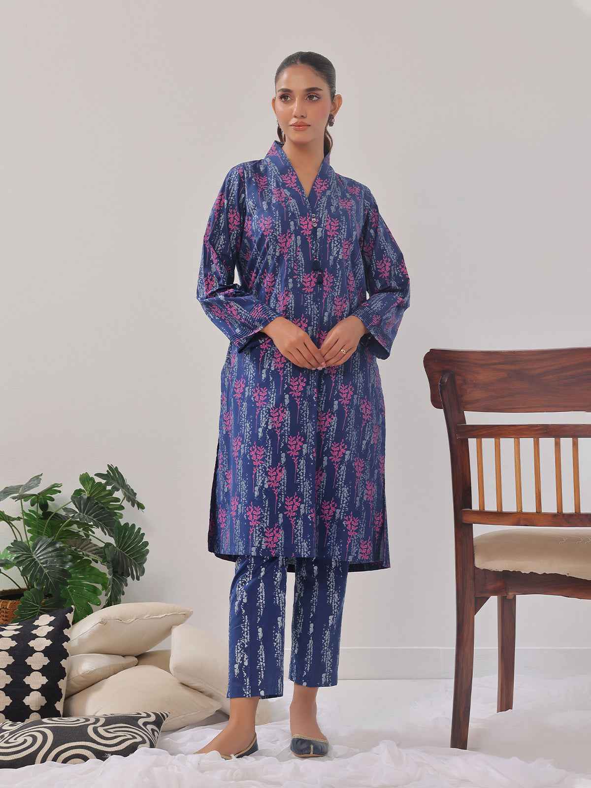 2Pc Printed Pret Shirt Trouser Cambric Navy Blue - OW2P-2408016