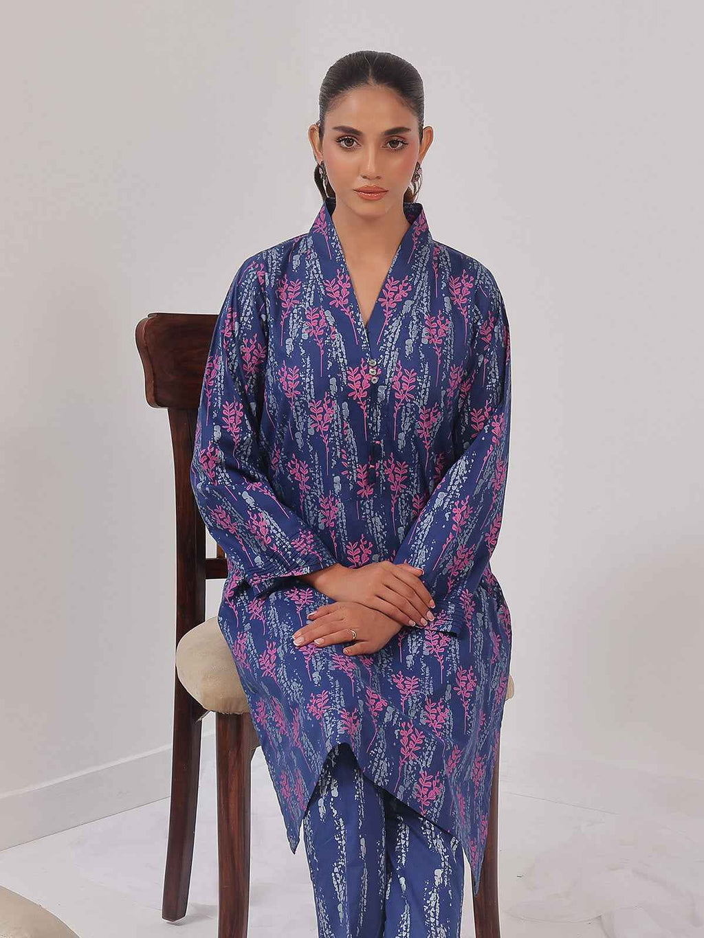 2Pc Printed Pret Shirt Trouser Cambric Navy Blue - OW2P-2408016
