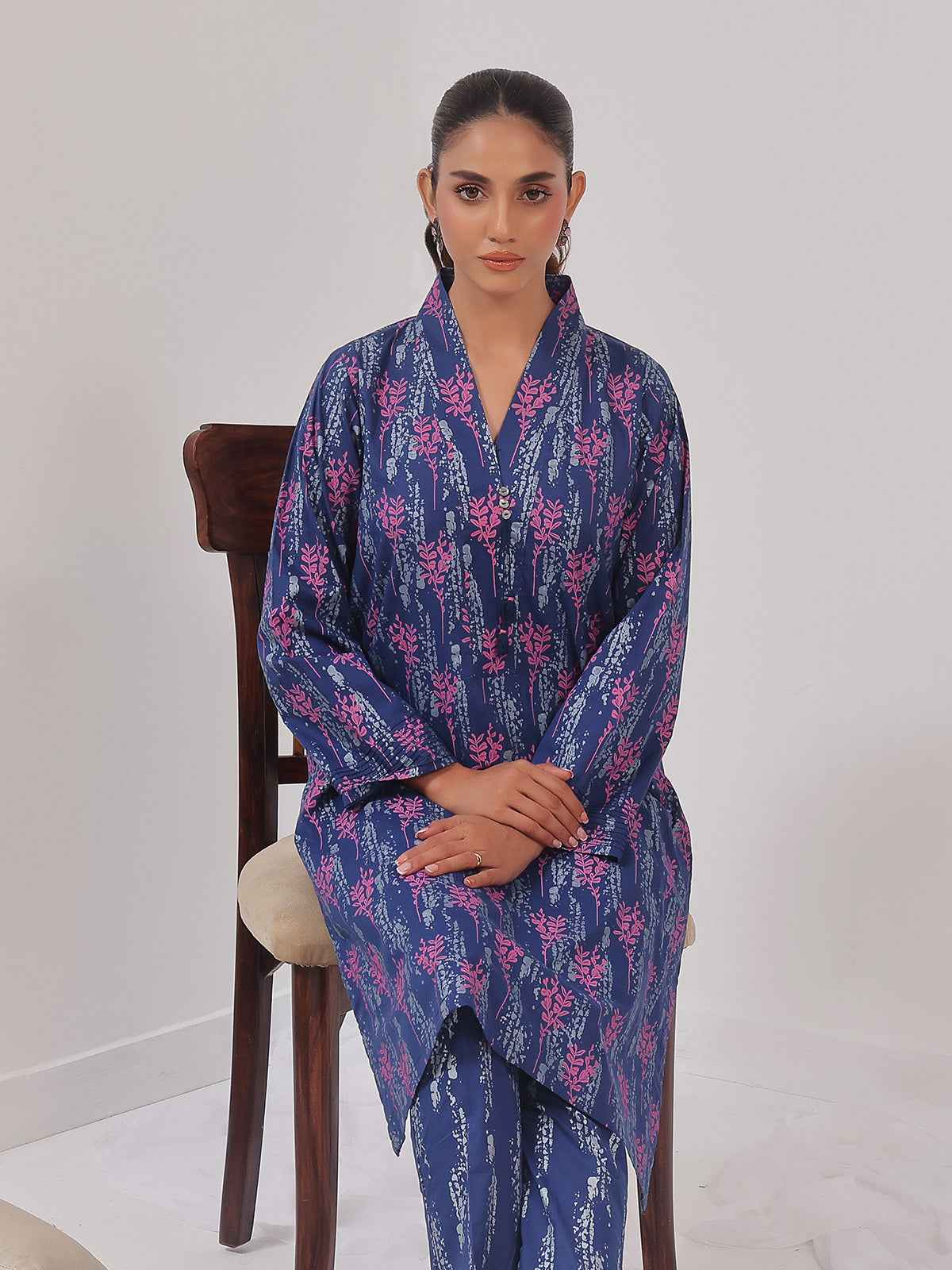 2Pc Printed Pret Shirt Trouser Cambric Navy Blue - OW2P-2408016
