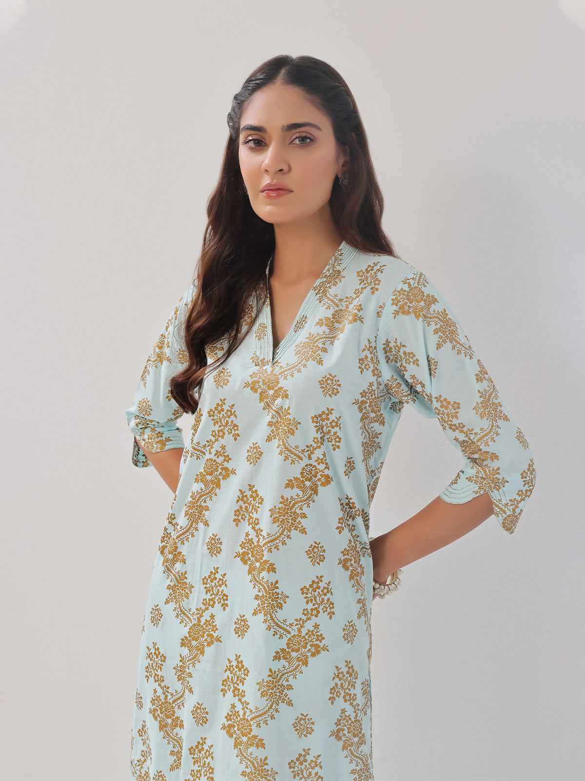 2Pc Printed Pret Shirt Trouser Cambric Light Ferozi - OW2P-2408019