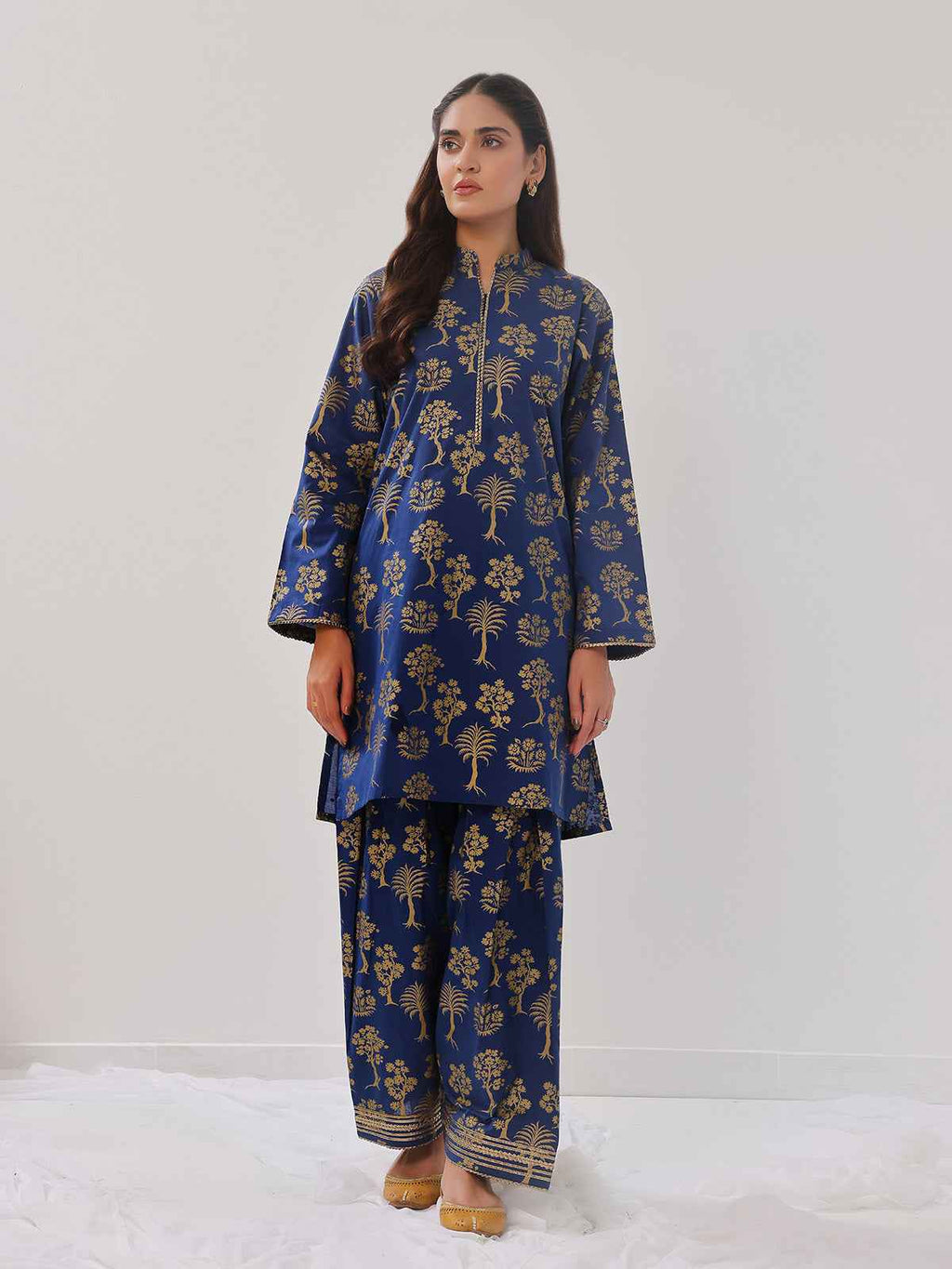 2Pc Printed Pret Shirt Trouser Cambric Dark Blue - OW2P-2408022