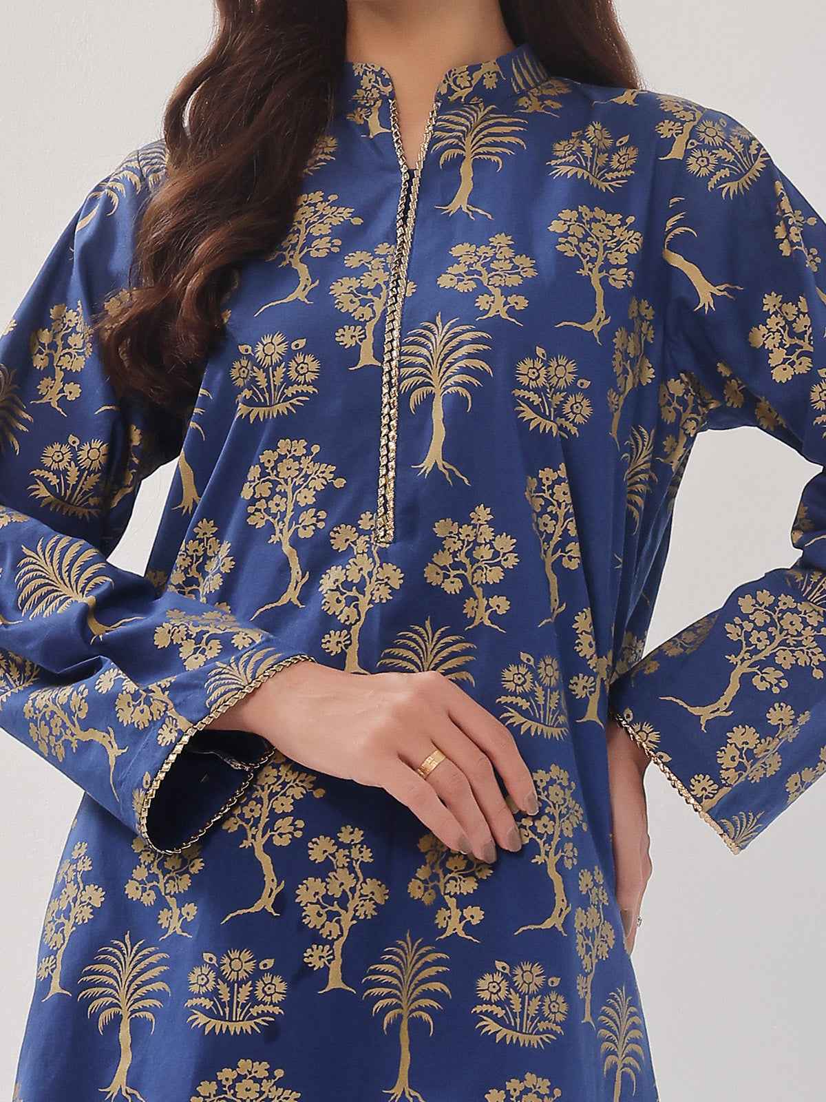 2Pc Printed Pret Shirt Trouser Cambric Dark Blue - OW2P-2408022