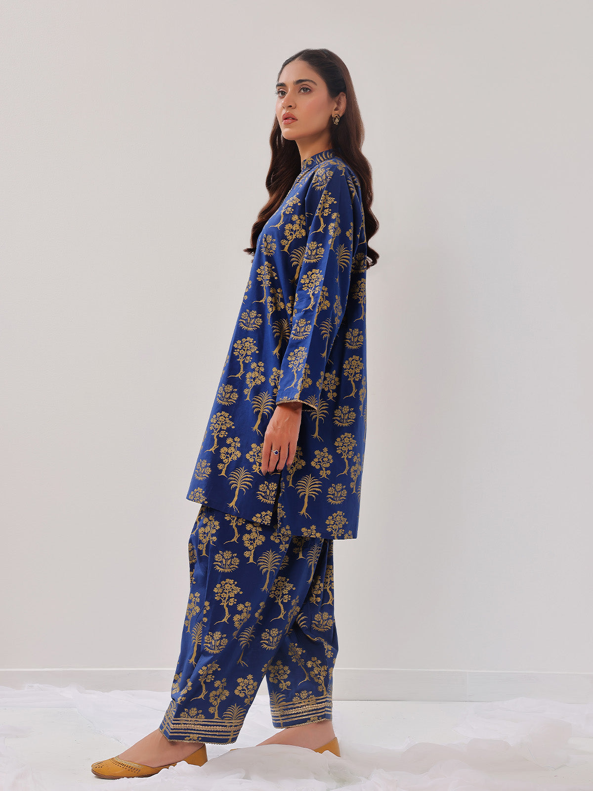 2Pc Printed Pret Shirt Trouser Cambric Dark Blue - OW2P-2408022
