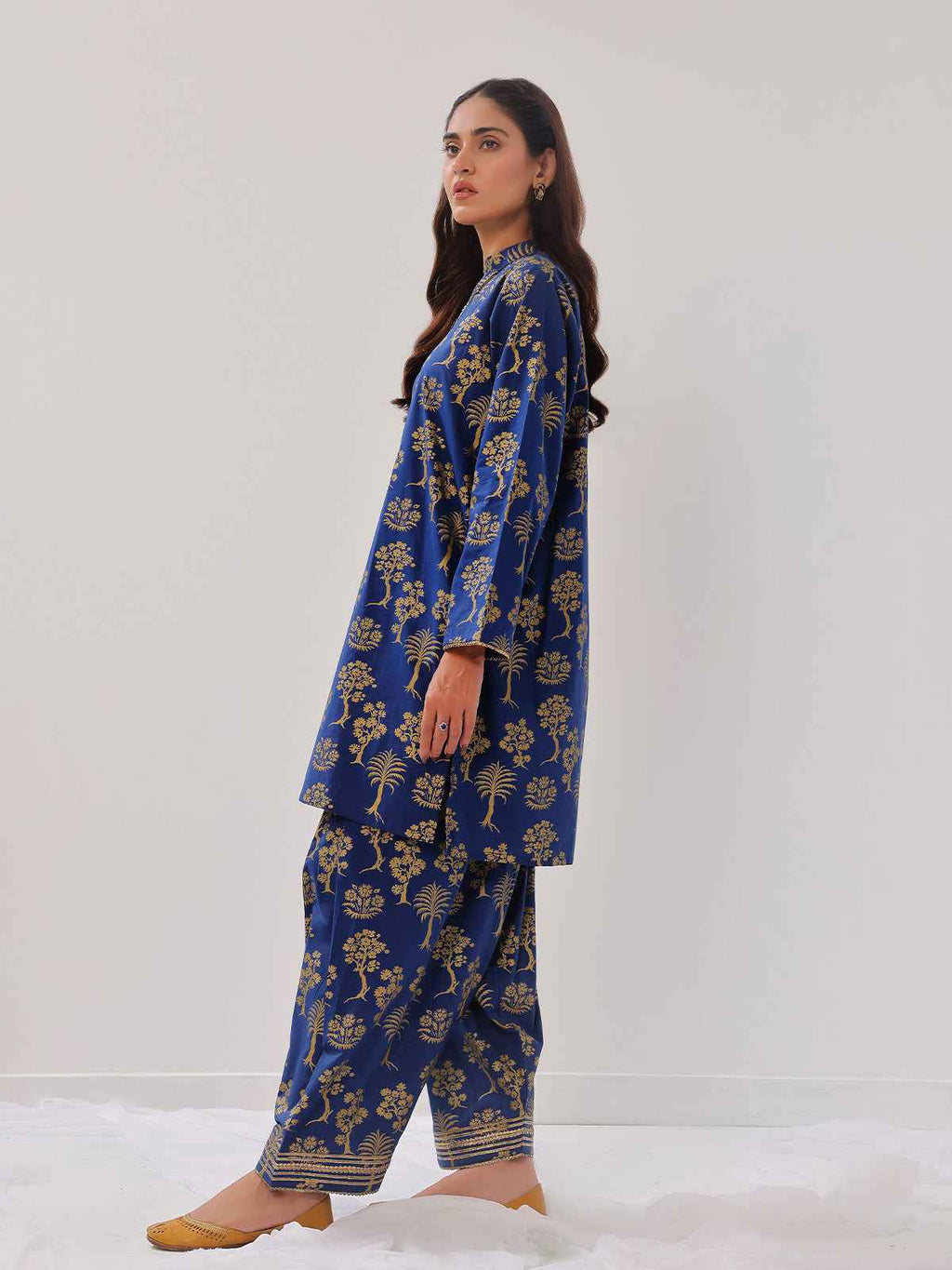 2Pc Printed Pret Shirt Trouser Cambric Dark Blue - OW2P-2408022
