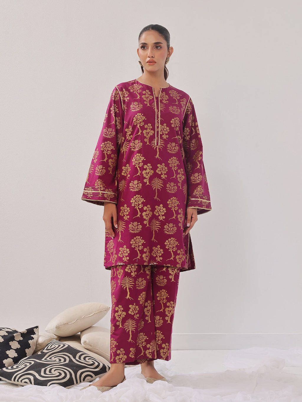 2Pc Printed Pret Shirt Trouser Cambric Magenta - OW2P-2408023