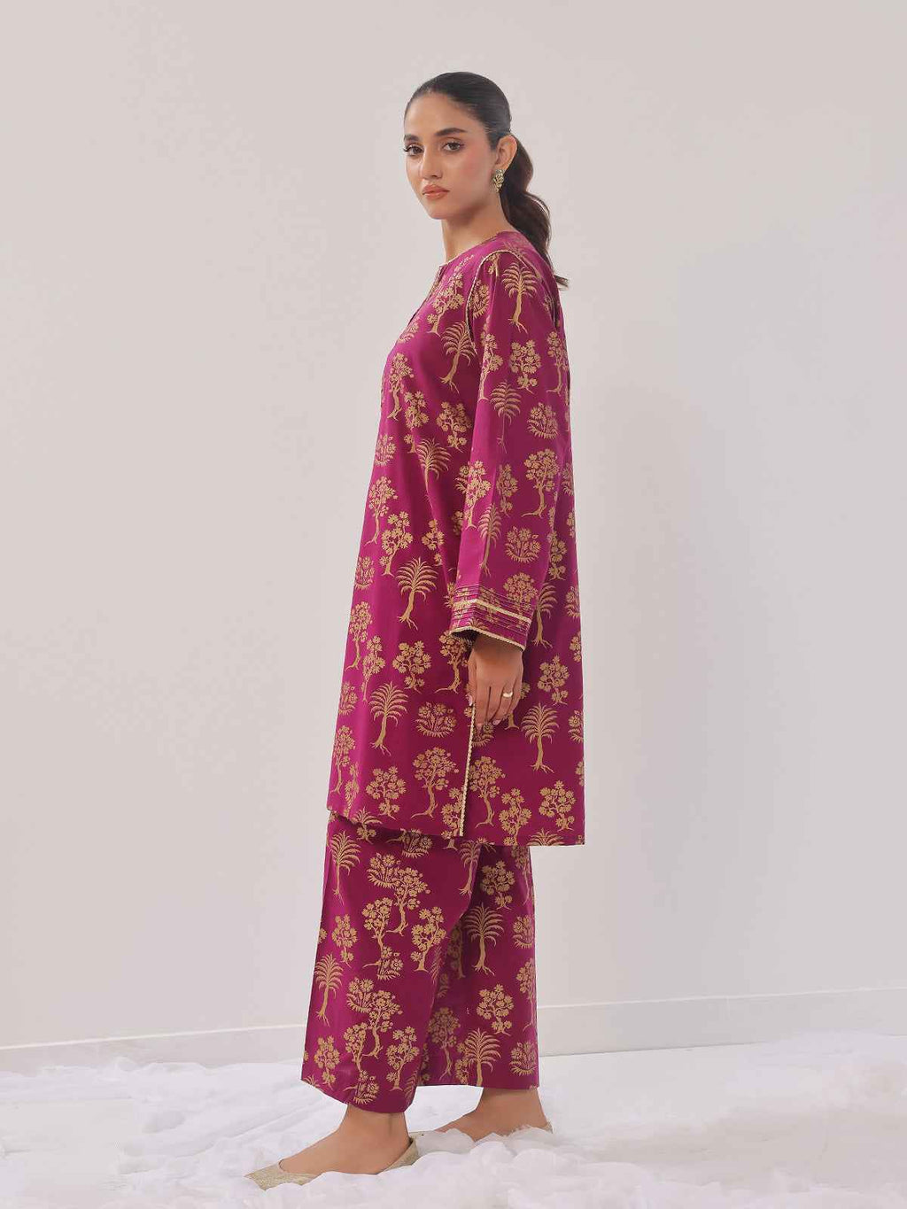 2Pc Printed Pret Shirt Trouser Cambric Magenta - OW2P-2408023