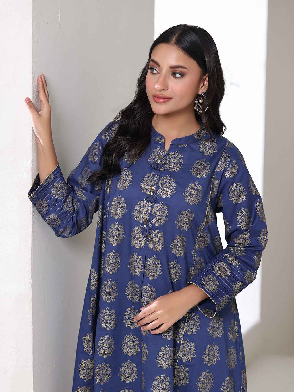 2Pc Screen Print Pret Shirt Trouser cambric Blue Gold- OW2P-2508002