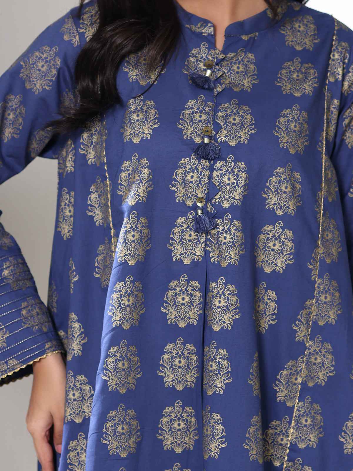 2Pc Screen Print Pret Shirt Trouser cambric Blue Gold- OW2P-2508002