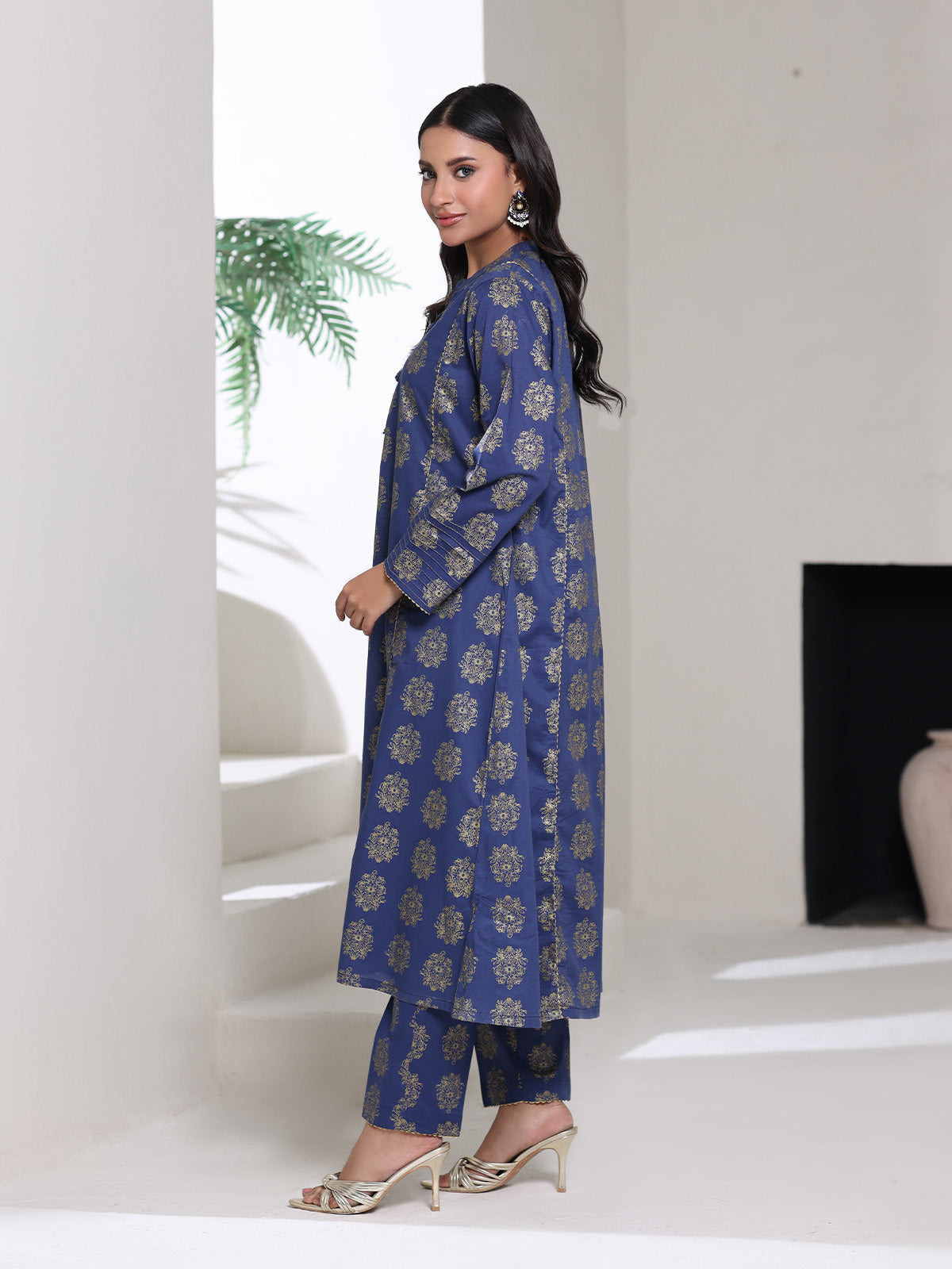 2Pc Screen Print Pret Shirt Trouser cambric Blue Gold- OW2P-2508002