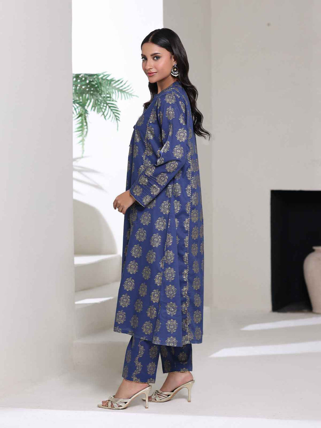 2Pc Screen Print Pret Shirt Trouser cambric Blue Gold- OW2P-2508002