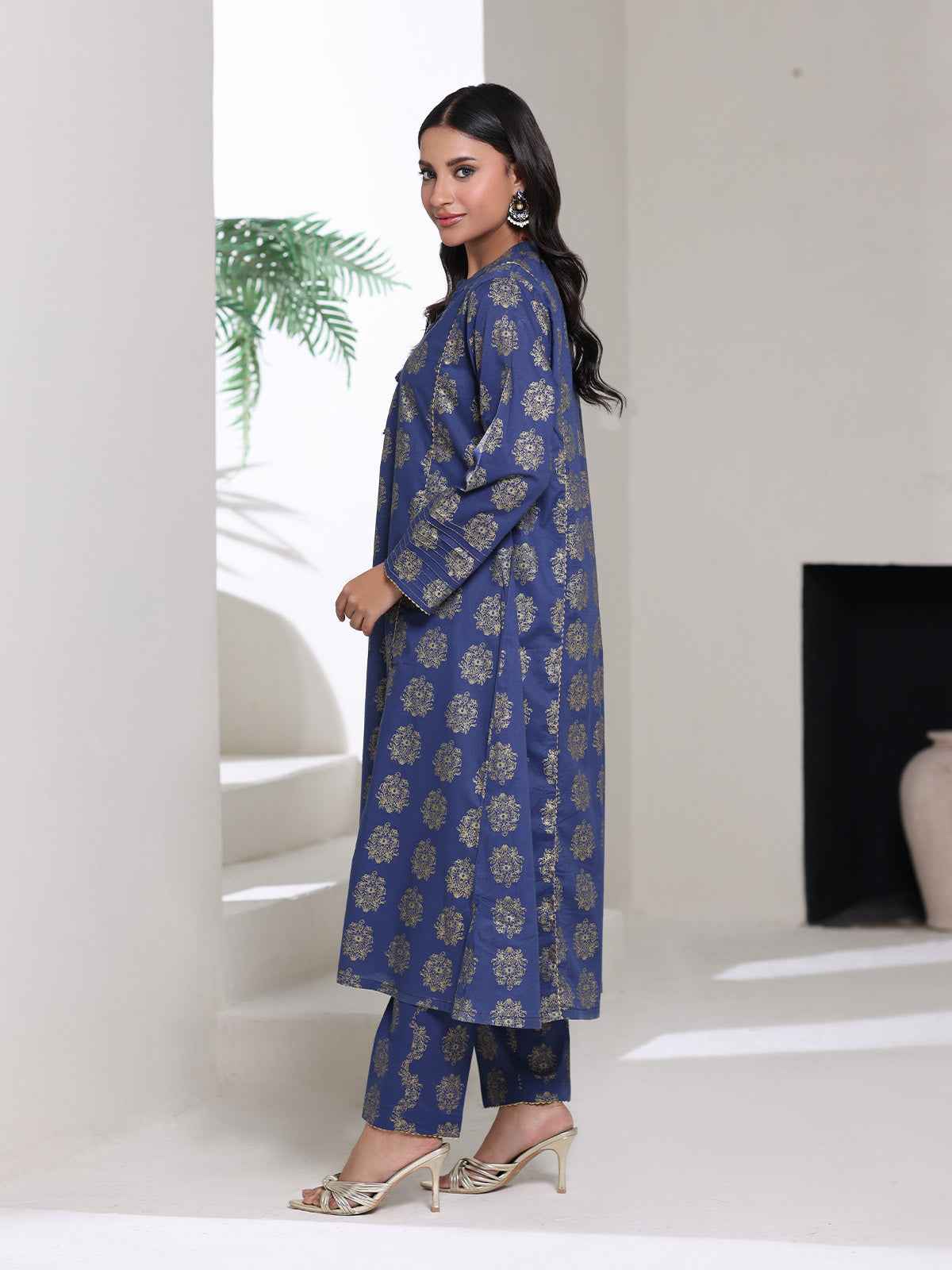 2Pc Screen Print Pret Shirt Trouser cambric Blue Gold- OW2P-2508002