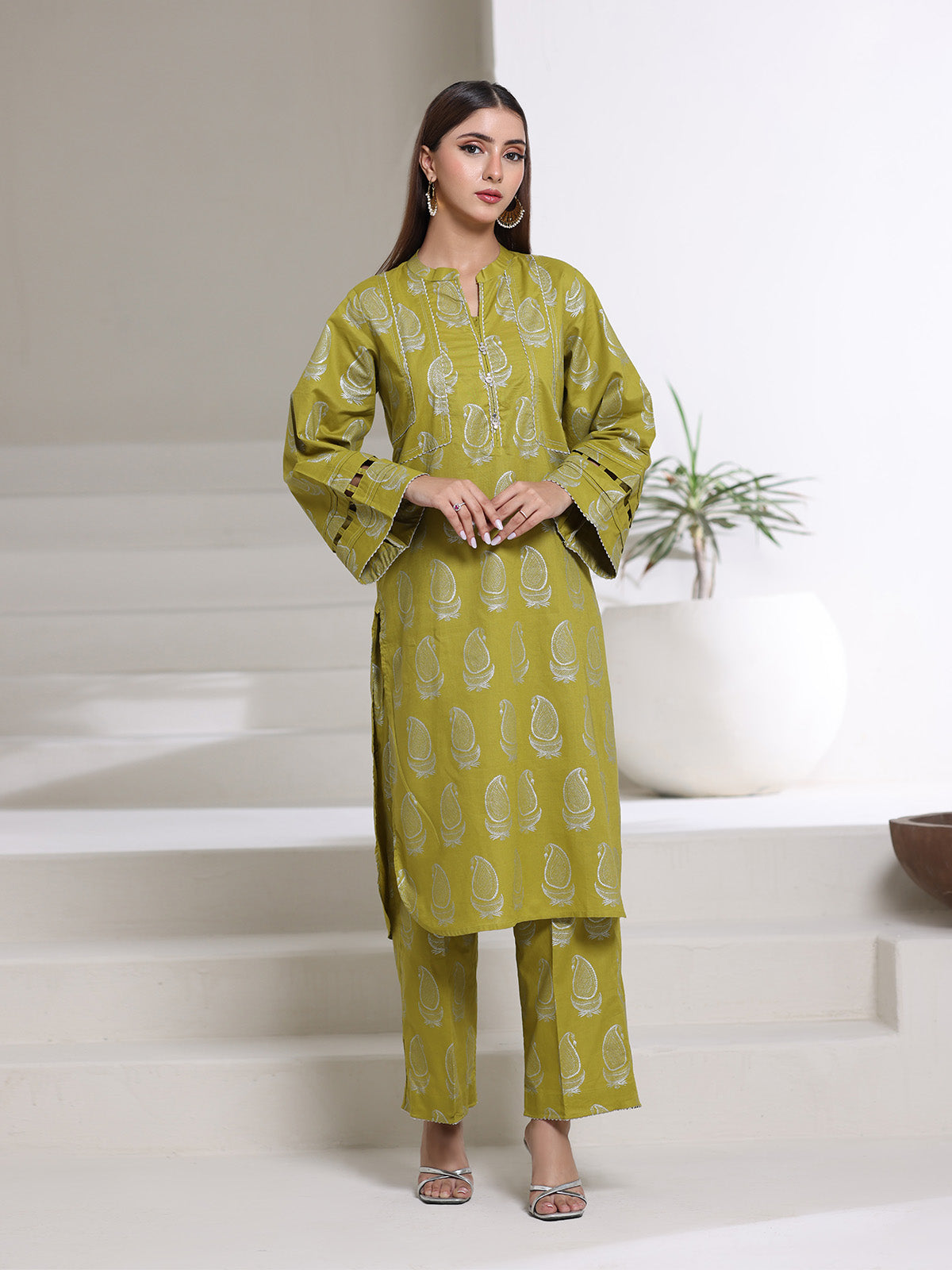 2Pc Screen Print Pret Shirt Trouser cambric Green Silver - OW2P-2508004