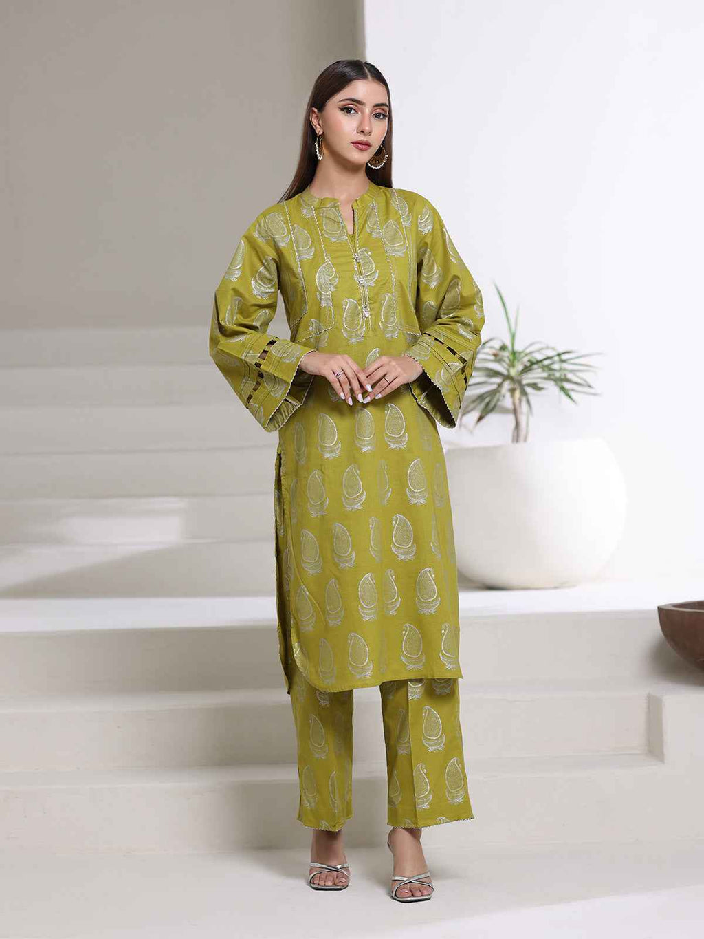 2Pc Screen Print Pret Shirt Trouser cambric Green Silver - OW2P-2508004