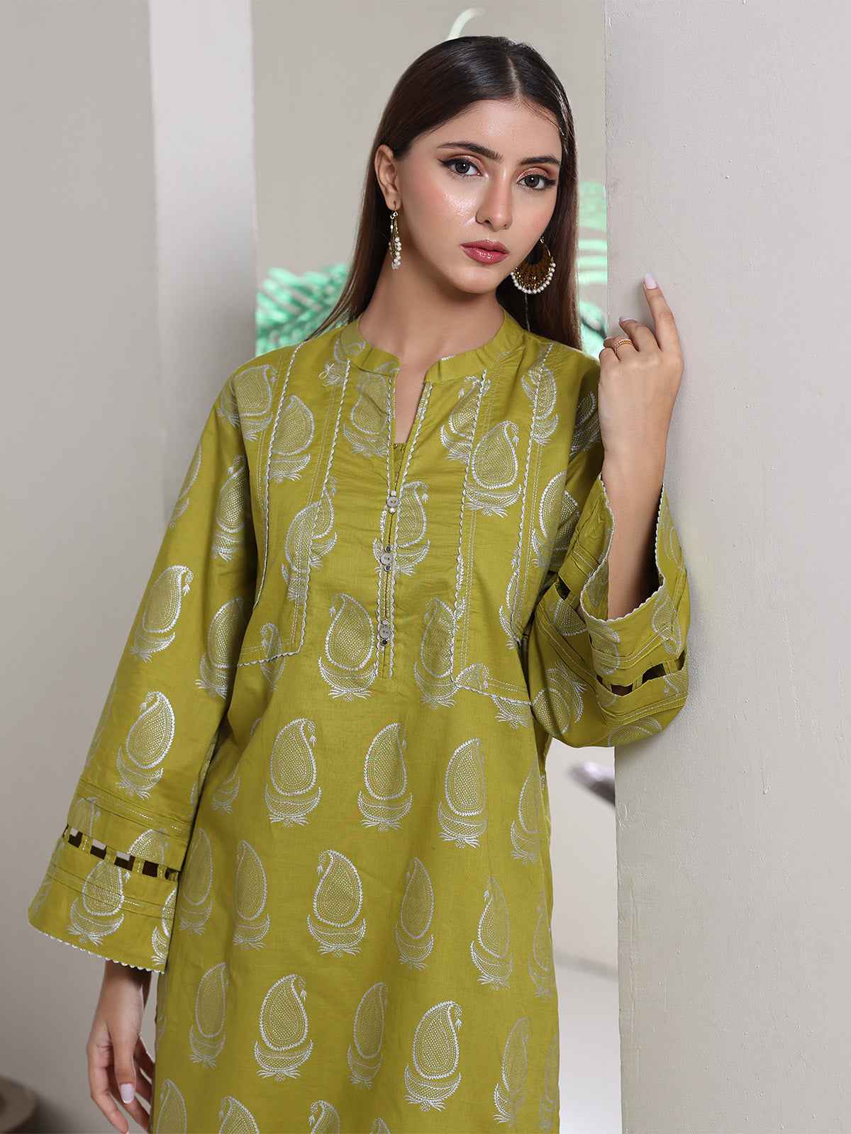 2Pc Screen Print Pret Shirt Trouser cambric Green Silver - OW2P-2508004