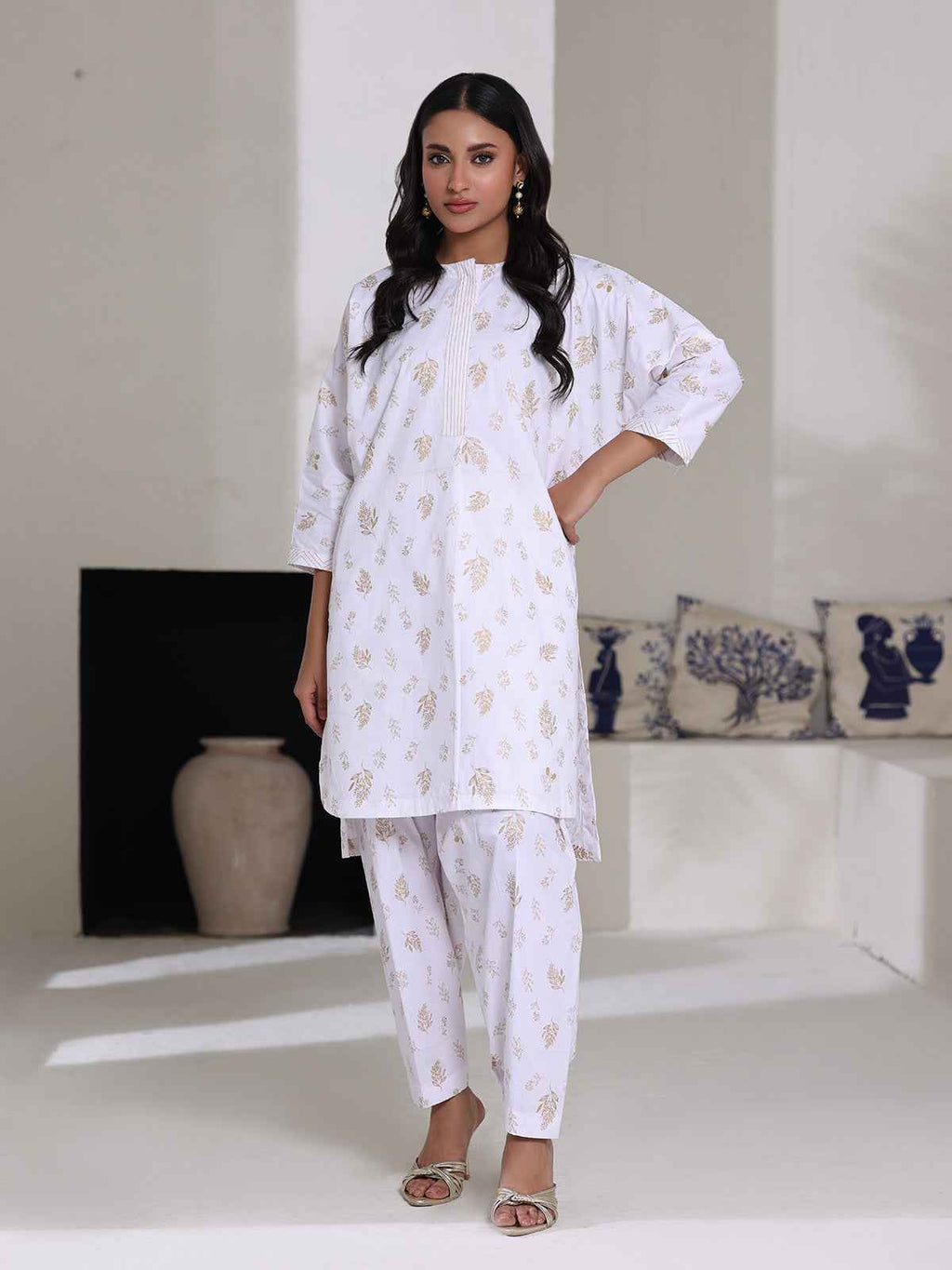 2Pc Screen Print Pret Shirt Trouser Cambric White - OW2P-2508006