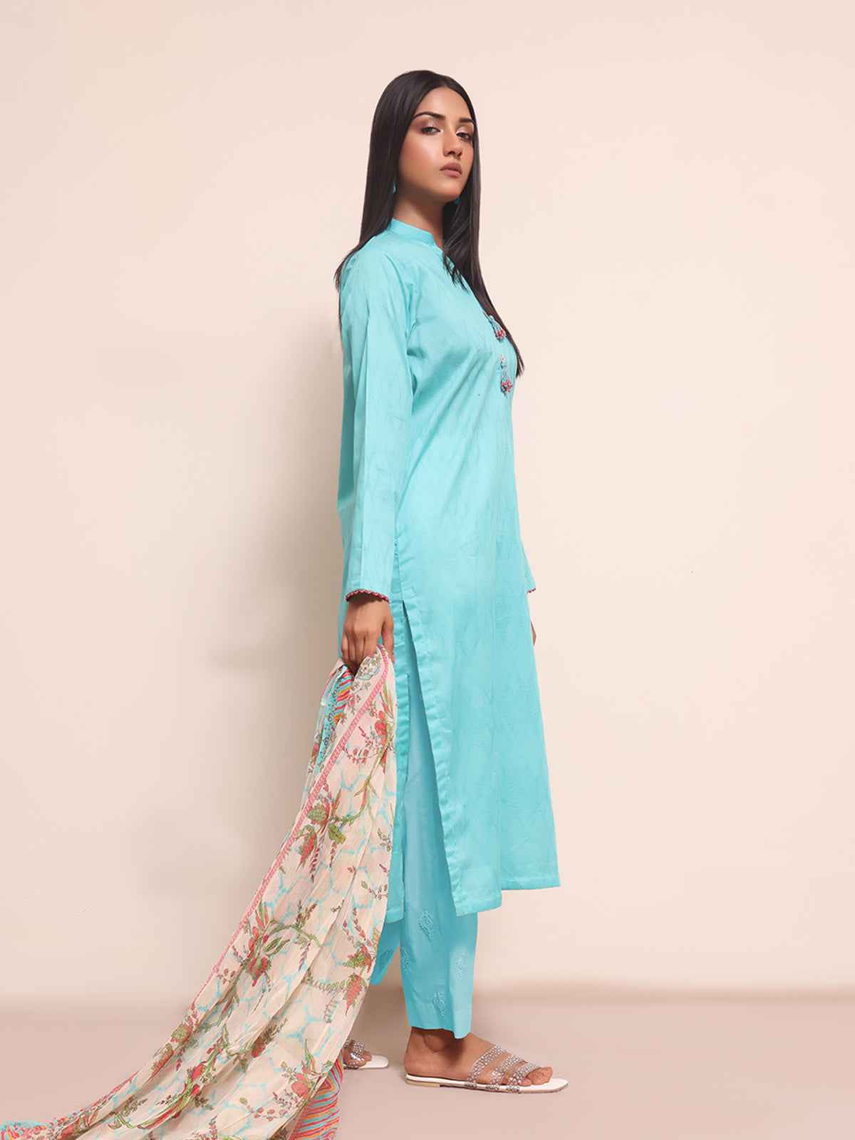 2Pc Printed Pret Shirt Dupatta Jacquard Ferozi - OW2PG-2309013