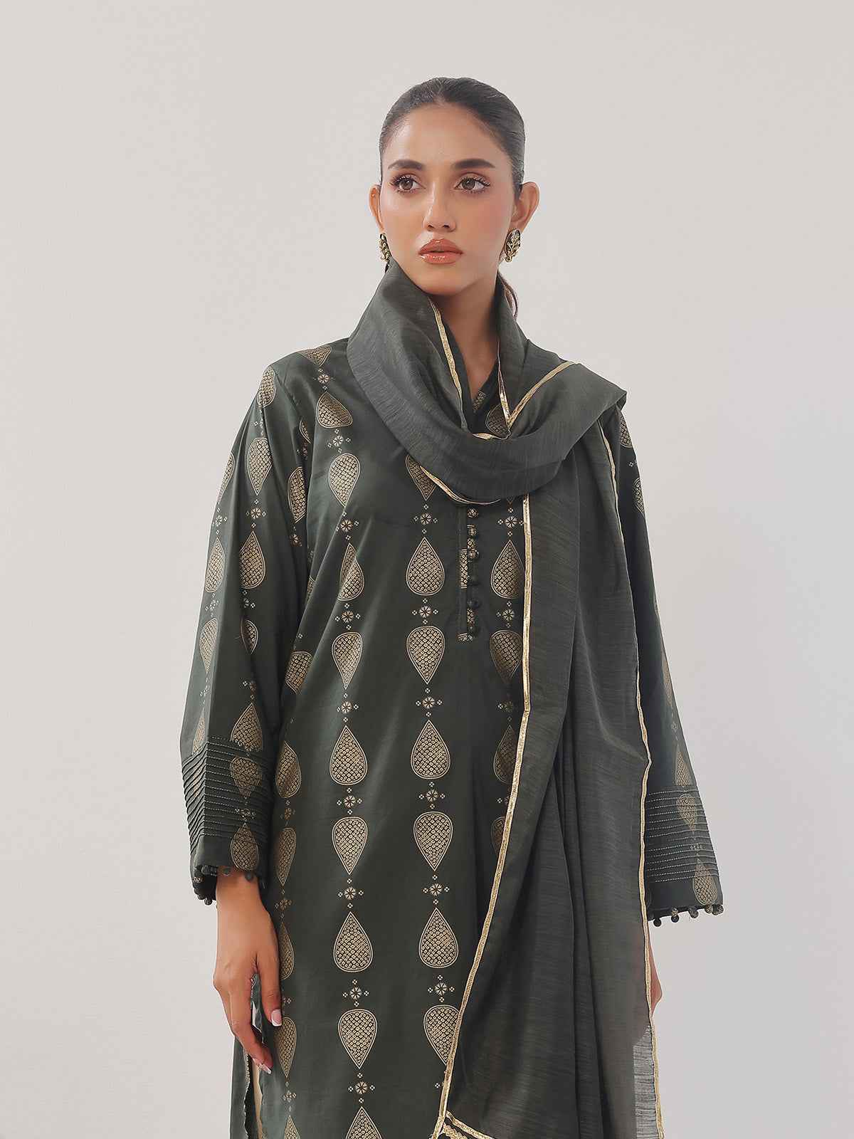 3Pc Printed Suit Pret Cambric Olive Green - OW3P-2408017